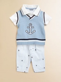 A basic one-piece knit makes a handsome statement with anchor design and colorful stripes.Point collarShort sleevesFront buttonsBottom snaps for easy on and offCottonMachine washImported Please note: Numbers of buttons and snaps may vary depending on size ordered. 