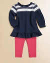 A nautical-inspired set featuring a striped, ruffled tunic atop a pair of cozy leggings.BoatneckLong sleevesPullover styleRuffled hemElastic waist50% polyester/50% rayonMachine washImported