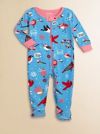 Watch the birdies tweet and chirp on this charming print of soft cotton knit to keep your baby comfy.Ribbed crewneckSnap neck tabFront and leg zipperLong sleeves with contrast ribbed cuffsFeet with non-slip dots on solesCottonMachine washImported