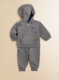 Rendered in luxuriously soft cotton, a hooded sweatshirt and matching athletic pant provide the perfect pairing for lounge or play. Sweatshirt Attached hoodLong sleevesFull-zip frontSplit kangaroo pocketsRibbed hem Sweatpants Elastic waistband with drawstringRibbed hemCottonMachine washImported