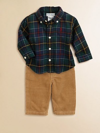 An ultra-preppy set includes a tartan plaid woven cotton shirt, a corduroy pant and a matching grosgrain ribbon belt. Shirt Button-down collarLong sleevesButton-frontShirttail hemPants Waistband with belt loopsSewn faux flyCottonMachine washImported Please note: Number of buttons may vary depending on size ordered. 