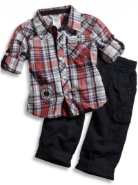 GUESS Kids Boys Roll-Up Sleeve Shirt & Pants Set (12, PLAID (12M)