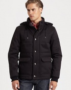 This lightweight outerwear style is incredibly structured and quilted to beat the season's elements in style, featuring an attached drawstring hood for added protection.Zip frontSnap-button placketStand collarAttached drawstring hoodWaist flap pocketsFully linedAbout 30 from shoulder to hemCottonDry cleanImported