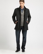 Rich techno outerwear jacket, perfect for everyday wear, features a stand collar with knit trim, a rear waistband and an array of pockets for maximum versatility.Button-frontStand collarShoulder epaulettesZippered chest, waist slash pocketsRear ventAbout 32 from shoulder to hemLining: wool/viscosePolyesterDry cleanImported