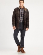 An effortless combination of luxury and warmth, this iconic utility jacket is lined with remarkably soft rabbit fur and accented with bellow pockets and zipper detailing.Zip frontSnap-button placketChest, waist flap pocketsAbout 30 from shoulder to hemLeatherDry cleanImportedFur origin: China