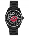 This kiss is on your list. Betsey Johnson's darling watch features large numerals and swirling crystal accents.