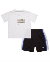 Mix it up. The comfort of this t-shirt and short set from Nike is sure to be a game changer so he can comfortably play all day long.