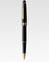 Rollerball tip, accented with gold-plated clip and rings and finished with barrel and cap made of precious black resin.RollerballGold-plated clipResin with inlaid logo emblemAbout 5¾ longMade in Germany