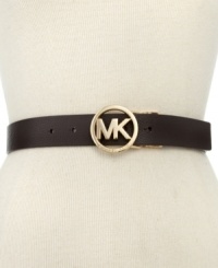 Opt for signature styling with this MK logo belt from MICHAEL Michael Kors that features a luxe circular buckle. The reversible style lets you create another look altogether.