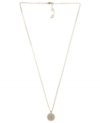 Understated appeal. Michael Kors' necklace, crafted from gold ion-plated steel, features a concave glass pave pendant for a subtle, yet stylish, statement. Approximate length: 30 inches + 2-inch extender. Approximate drop: 3/4 inch.