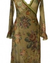 Long Sleeves Green Wrap Cardigan Created by Michal Negrin with Victorian Roses Motif, Ruffled Cuffs, Lace and Velvet Trim; Handmade in Israel - Size M