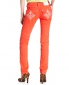 Perfect for standout style, these Miss Me orange-wash jeans feature eye-catching embroidery & rhinestones!