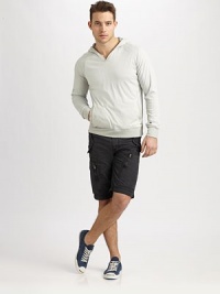 A hoodie-style pullover in a soft cotton blend with allover two-tone stripes. Attached hoodKangaroo pocketAbout 28 from shoulder to hem50% cotton/50% polyesterMachine washImported