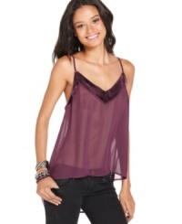 With its delicate interplay of velvet and chiffon, this high-low style camisole from Lily White is an easy-breezy match to your skinny jeans and cool accessories.