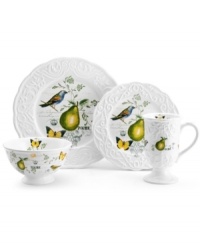 Ripe for the table, the Antique Countryside Pear place setting exudes charm with embossed vines and colorful nature scenes in traditional white stoneware. Complements Italian Countryside and Antique White dinnerware, also by Mikasa.