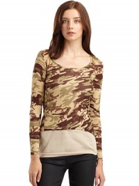 THE LOOKScoop necklinePullover styleLong sleeves Camoflage printAsymmetrical hemTHE FITAbout 27 from shoulder to longest point of hemTHE MATERIALRayonCARE & ORIGINDry cleanMade in USA