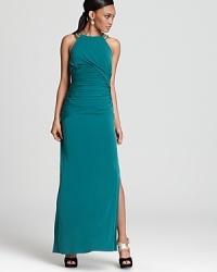 This Laundry by Shelli Segal gown brings glamour with dramatic ruching and sparkling shoulder straps.