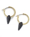 Points well taken. Juicy Couture's hoop earrings are crafted from gold-tone brass with black rhinestone spikes to give them a little bit of an edge. Approximate diameter: 1-1/4 inches. Approximate drop: 1/2 inches.