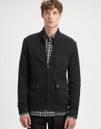 Made from an impeccable combination of wool and soft cotton, this knit jacket features a trio of convenient pockets.Stand collarChest pocketFront zipperPatch pocketsRibbed trim50% wool/50% cottonDry cleanImported