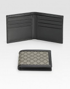 A classic wallet in signature diamante-plus fabric with leather trim and interior. Two bill compartments Six card slots 4.3W X 3.8H Made in Italy 