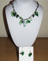 Le Cle Du Cave a Vin (The Key to the Wine Cellar) 3 Piece Set (Necklace and Earrings) - Handmade, Unique, Frosted Glass Leaves (2 Shades of Green), Authentic Swarovski Crystal, Beads and Chain