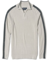 American Rag plays up the grab-it-and-go ease of this quarter-zip sweater by styling the sleeves with the same sleek stripes seen on track jackets.