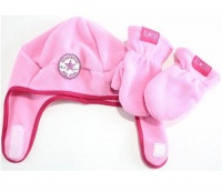 Converse All Star Toddler Girl's 2/4T Fleece Trapper Beanie Hat & Mittens Set (Pink)