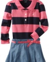 Nautica Sportswear Kids Girls 2-6X Long Sleeve Striped Rugby Top With Chambray Skirt Attached, Medium Pink, 3T