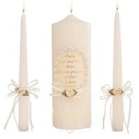 Celebration Candles Wedding Unity Candle Set, 9-inch Pillar Candle with Corinthian Bible Verse, with matching 10-inch Taper Candles, Ivory