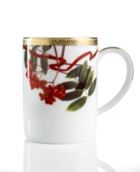 A new holiday classic, the Holly Berry mug features filigree-patterned gold and beautiful Christmas botanicals in elegant white porcelain. Complements Grand Buffet Classic Gold and Red Rim dinnerware.