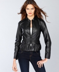 A peplum hem gives this faux leather moto jacket from INC feminine flair.