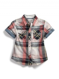 GUESS Kids Boys Sidewinder Shirt with Rollup Cuffs, PLAID (3T)