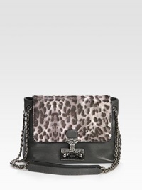 Luxurious calf hair with an abstract animal print accents this supple leather design.Convertible chain and leather shoulder strap, 12½-23 dropPush-lock flap closureTwo inner compartmentsOne inside zip pocketCotton lining10W X 7½H X 3½DMade in Italy