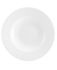 As durable as it is elegant, Mikasa's Countryside Scroll soup bowl features chip-resistant bone china embossed with delicate scrolling vines and fluted detail. A pure white glaze makes it suitable for every day, any occasion.