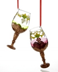 Add even more cheer to the season with wine glass ornaments featuring an elegant grapevine motif and elaborate bronze stems.