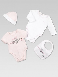 The perfect baby girl gift set with two bodysuits, hat and bib in ultra-soft cotton, adorned with Gucci logo print. Bodysuits CrewneckShort and long sleevesBack snapsBottom snaps Bib Adjustable snaps closureCottonMachine washMade in Italy Please note: Number of snaps may vary depending on size ordered. 