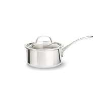 This Tri-Ply Calphalon sauce pan features an updated lid design to give lower profile and a cool V stainless steel handle. Classic vessel design, induction capable magnetic stainless steel exterior.