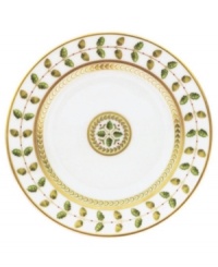 For any elegant holiday affair, dinner plates from the Bernardaud Constance Dinnerware Collection make for timeless presentation of your seasonal fare. Ornate design inspired by the Empire Period with gold outlined acorn and oak leaves that symbolize strength and longevity. A dash a sage rims each piece behind a golden laurel vine while touches of red with gold trim further complement the pattern.