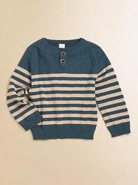 A lightweight, striped Henley knit is the perfect addition to your little man's cool-weather wardrobe.CrewneckLong sleevesButton-frontRibbed cuffs and hemCottonMachine washImported Please note: Number of buttons may vary depending on size ordered. 