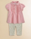 An adorable set pairs a classic oxford top with a stretch cotton floral-print legging. Shirt Club collarShort puff sleevesButton-frontPintuck bodice Pants Elastic waistbandShirt: cottonPants: 97% cotton/3% elastaneMachine washImported Please note: Number of buttons may vary depending on size ordered. 