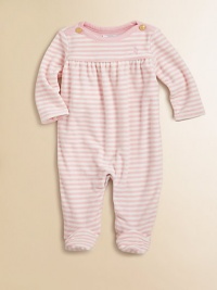 The classic pony-embroidered footed coverall is updated in soft, striped velour for plush warmth.Ribbed boatneckLong sleevesShoulder buttonsGathered empire waistBottom snaps80% cotton/20% polyesterMachine washImported Please note: Number of buttons/snaps may vary depending on size ordered. 