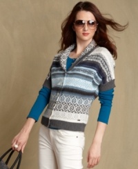 Tommy Hilfiger's Fair Isle cardigan is so easy to layer, thanks to a thick shawl collar and unexpected short sleeves. Try it with a long-sleeve tee and skinny jeans!