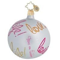 Diane Von Furstenberg's signature and motto adorn this ornament, part of Christopher Radko's new celebrity-designed holiday ornament collection. 100% of the proceeds from each ornament goes to the Child Mind Institute.