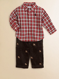 A classic cotton plaid shirt embroidered with a signature pony at the chest is paired with a reindeer-embroidered corduroy pant for a truly festive and preppy set. Shirt Button-down collarLong sleeves with single-barrel cuffsButton-front Pants Button closureRear elasticized waistband with belt loops and D-ring closure beltFaux flyOn-seam pocketsBack welt pocketCottonMachine washImported Please note: Number of buttons may vary depending on