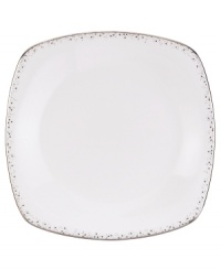 Forecast modern whimsy at meal time with Silver Mist square plates from Lenox Lifestyle dinnerware. The dishes in this collection feature shimmering droplets that trickle in from the platinum-banded edge of bright white bone china. (Clearance)