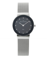 Timeless design with contemporary appeal, by Skagen Denmark. Watch crafted of stainless steel mesh bracelet and round case with mirrored bezel. Black dial features crystal accents at markers, two silver tone hand and logo. Quartz movement. Water resistant to 30 meters. Limited lifetime warranty.