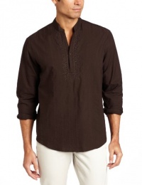 Cubavera Men's Long Sleeve Banded Collar Popover With Embroidery Detail