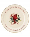 Begin a cherished holiday tradition with this sentimental Winter Greetings dessert platter. A red cardinal perched on ribbon-wrapped holly is fresh and lively on snowy white china. With embossed holly detail and the heart-warming phrase, Friends & Family Gather Here. From Lenox's collection of serveware and serving dishes.