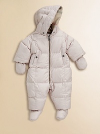 Keep baby snug in this puffy, zip-front, check-lined snowsuit with attached hood, slash pockets, detachable mittens and footies.Attached hoodLong sleeves with detachable mittensZip front and seatElastic cuffs and hemFront slash pockets with snap closureGathered elasticized backDetachable footiesPolyesterMachine washImported