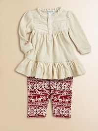 A pretty and festive set pairs a ruffled and lace-trimmed Henley tunic with a printed stretch cotton legging. Tunic Lace-trimmed crewneckLong puffed sleevesButton-frontRuffled hem Leggings Elastic waistbandTapered legCottonMachine washImported Please note: Number of buttons may vary depending on size ordered. 